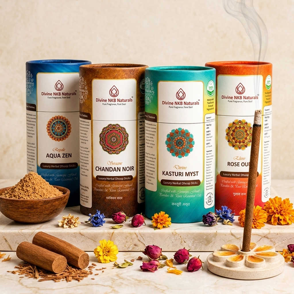Luxury Herbal Dhoop Sticks - Pack Of 4 (Aqua Zen-Chandan Noir-Kasturi Myst-Rose Oud)