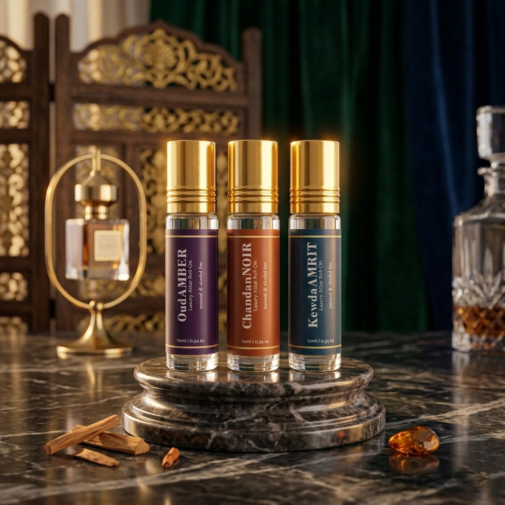 Premium Natural & Alcohol Free Attar | Oud Amber-Chandan Noir-Kewda Amrit | 10ml x 3 (Pack Of 3)