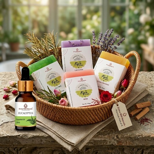 Handmade Glycerin & Goat Milk Soaps Pack Of 4 (Tea Tree-Rose-Lavender-Kesar Chandan)+ FREE Essential Oil