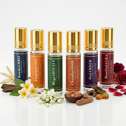 Premium Natural & Alcohol Free Attar Set | Campa Gold, Rose Oud Aura, Mogra Royale, Oud Amber, Chandan Noir & Kewda Amrit | 10ml x 6 (Pack of 6)