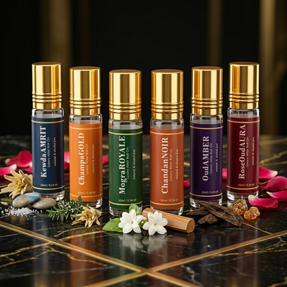 Premium Natural & Alcohol Free Attar Set | Campa Gold, Rose Oud Aura, Mogra Royale, Oud Amber, Chandan Noir & Kewda Amrit | 10ml x 6 (Pack of 6)