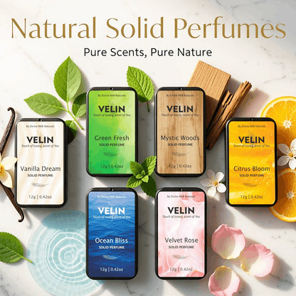 Natural Solid Perfume Pack Of 6 (Mystic Woods-Velvet Rose-Green Fresh-Ocean Bliss-Vanilla Dream-Citrus Bloom)