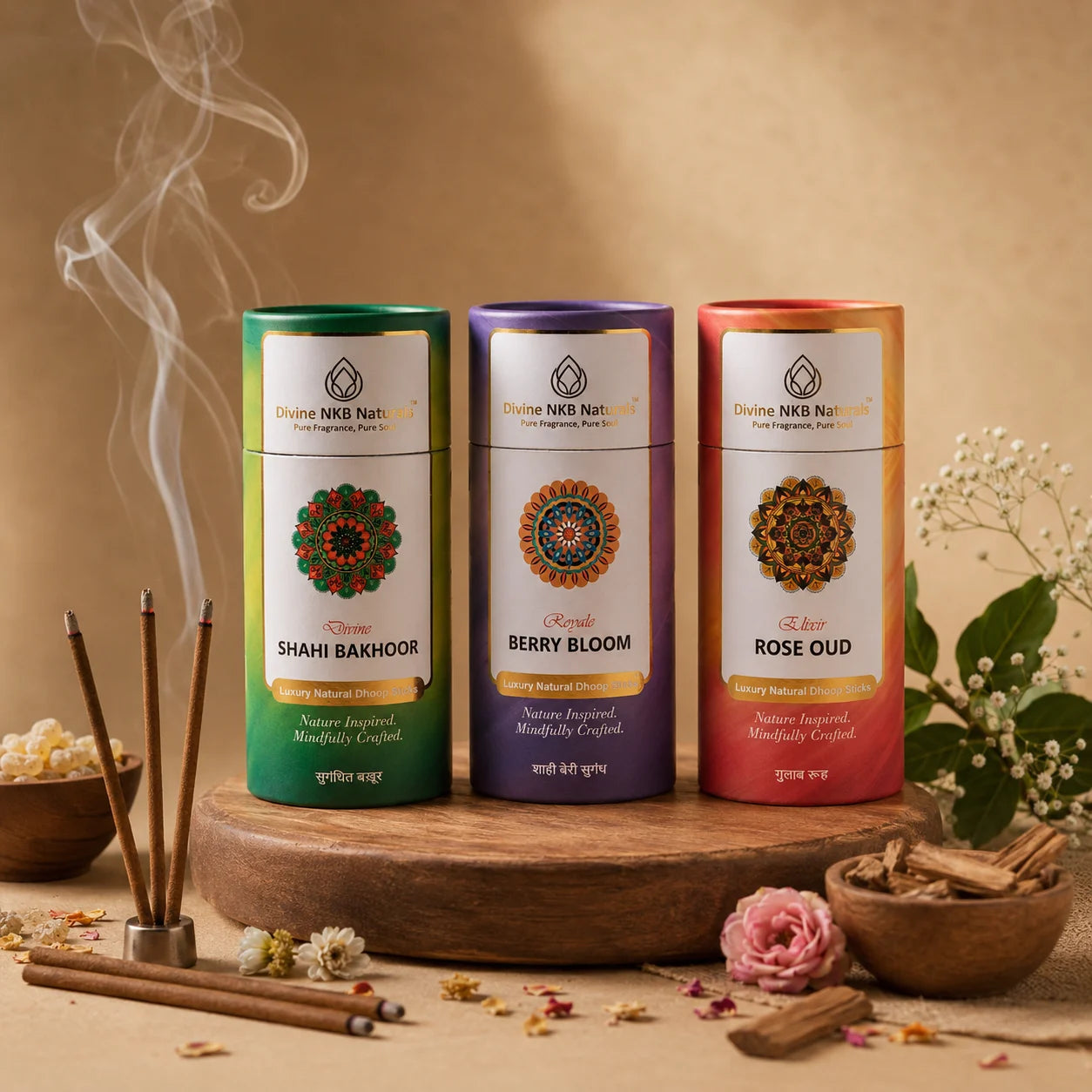 Luxury Natural Dhoop Sticks - Pack Of 3 (Shahi Bakhoor-Berry Bloom-Rose Oud) +FREE Gift